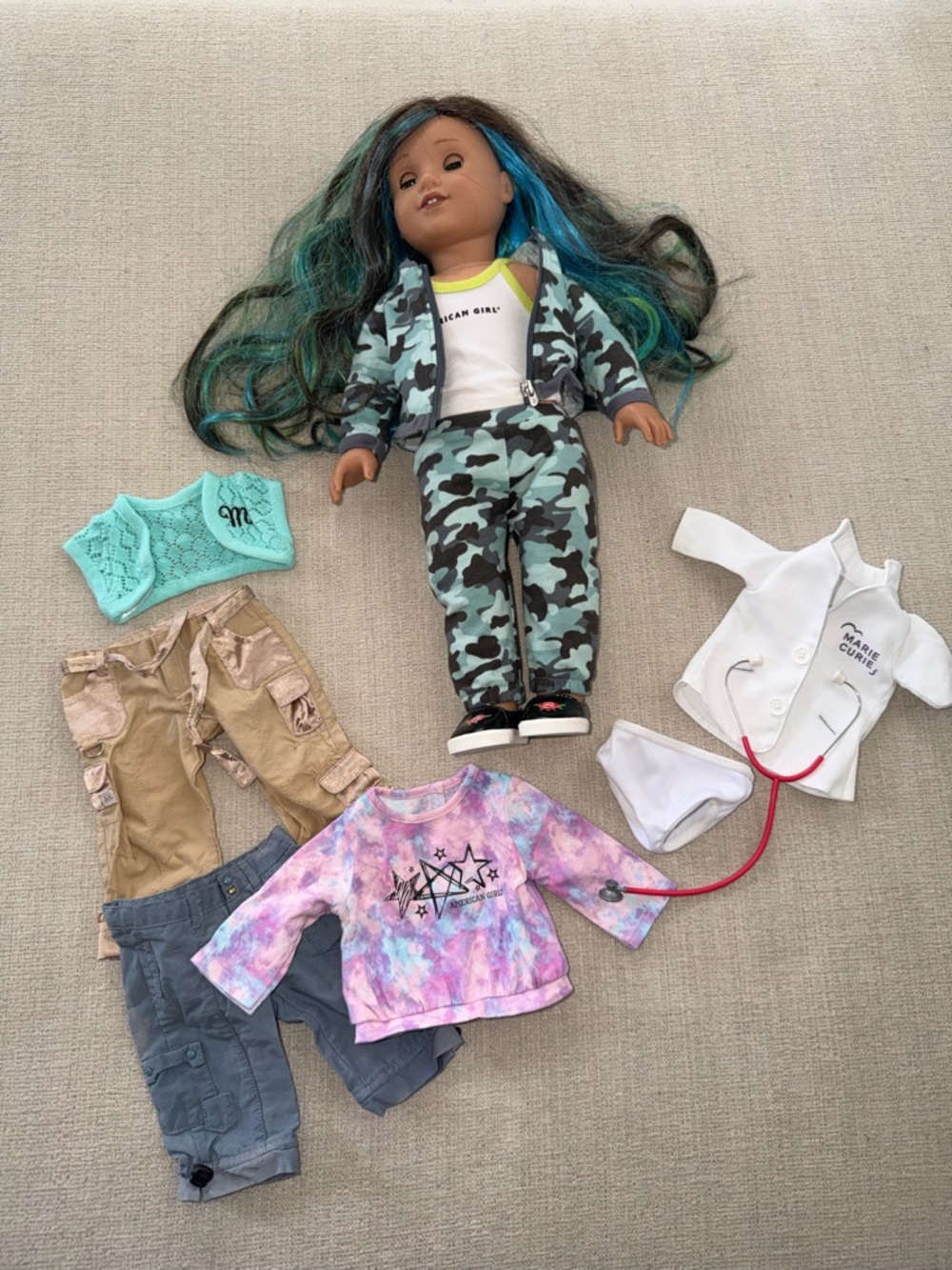 American Girl Doll Outfit Set with Green Camo Jacket & Blue-Black Hair